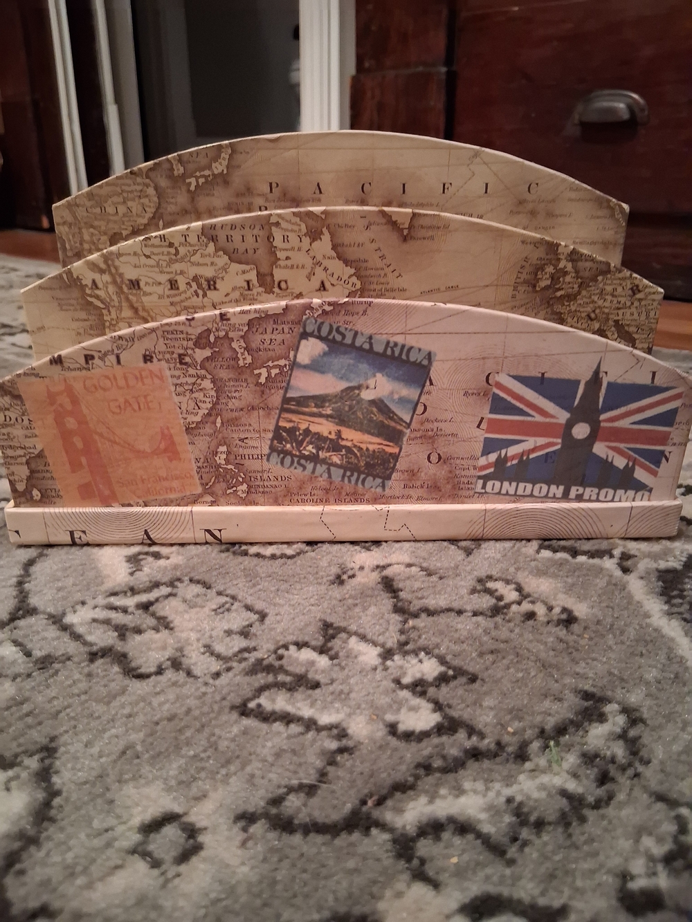 Vintage Travel-Print Wooden Letter Organizer in Beige